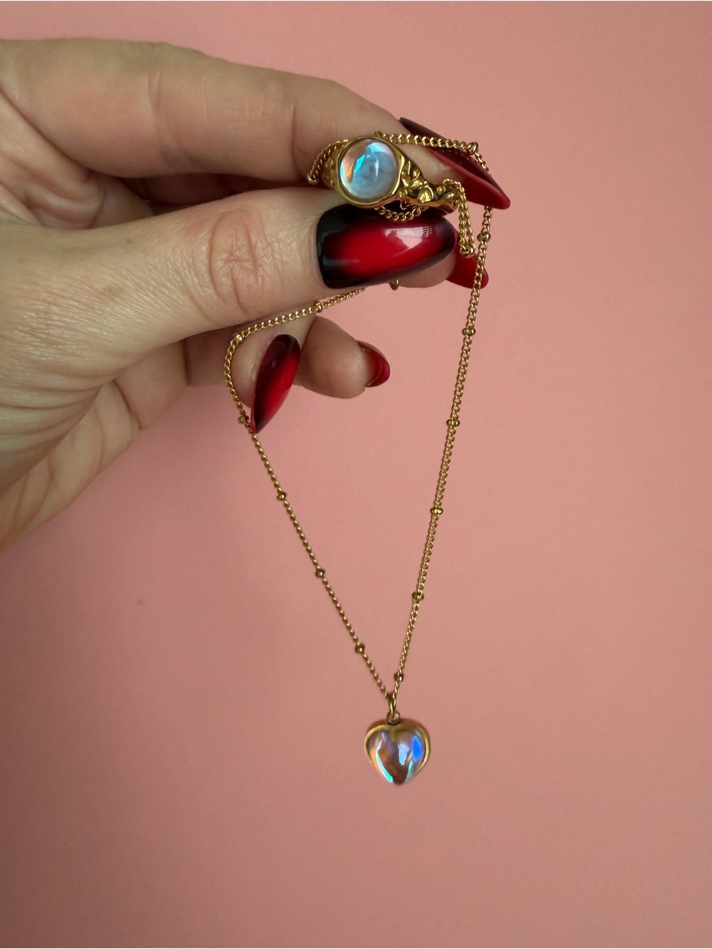 Gold Heart Pendant Necklace & Adjustable Ring Set with Iridescent Gem